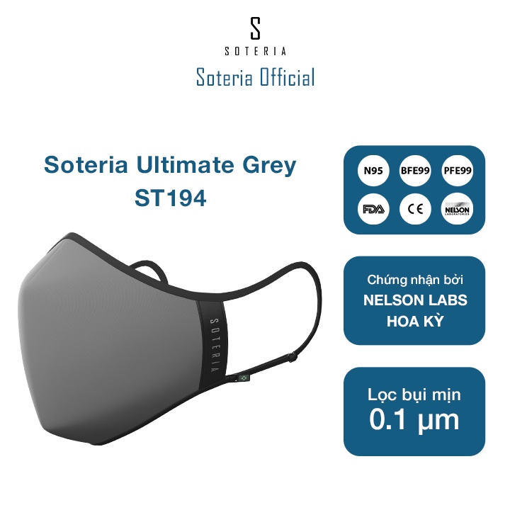 Khẩu trang tiêu chuẩn Quốc Tế SOTERIA Ultimate Grey ST194 - Bộ lọc N95 BFE PFE 99 lọc đến 99% bụi mịn 0.1 micro