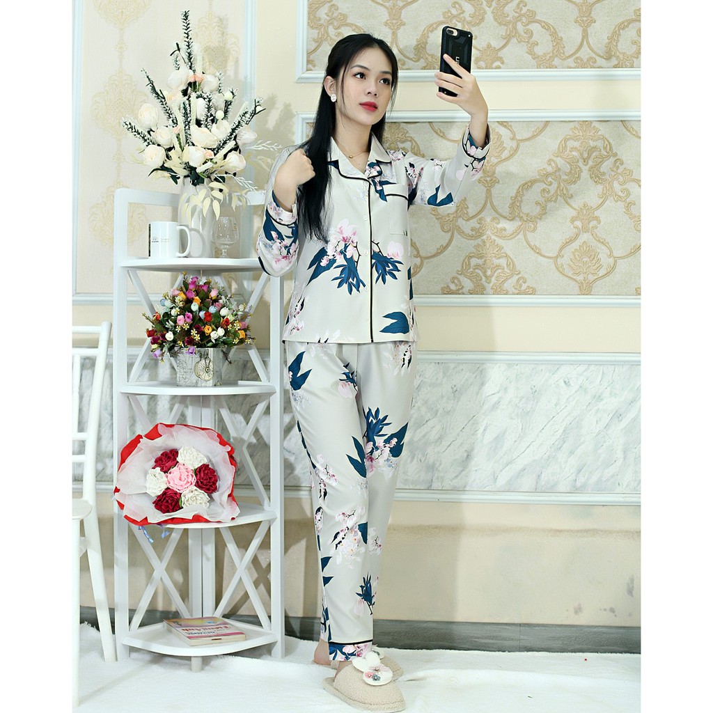 [HÌNH THẬT 100%] Bộ đồ Pijama nữ dài họa tiết XÁM LÁ HOA LÁ XANH - vải siêu lụa cao cấp - Cực Kì Sang Chảnh