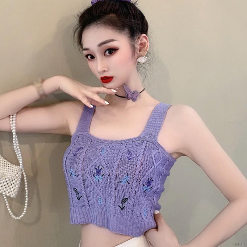Women Knitted Tank Tops Floral Embroidery Camisole Summer Suspender Crop Top | BigBuy360 - bigbuy360.vn