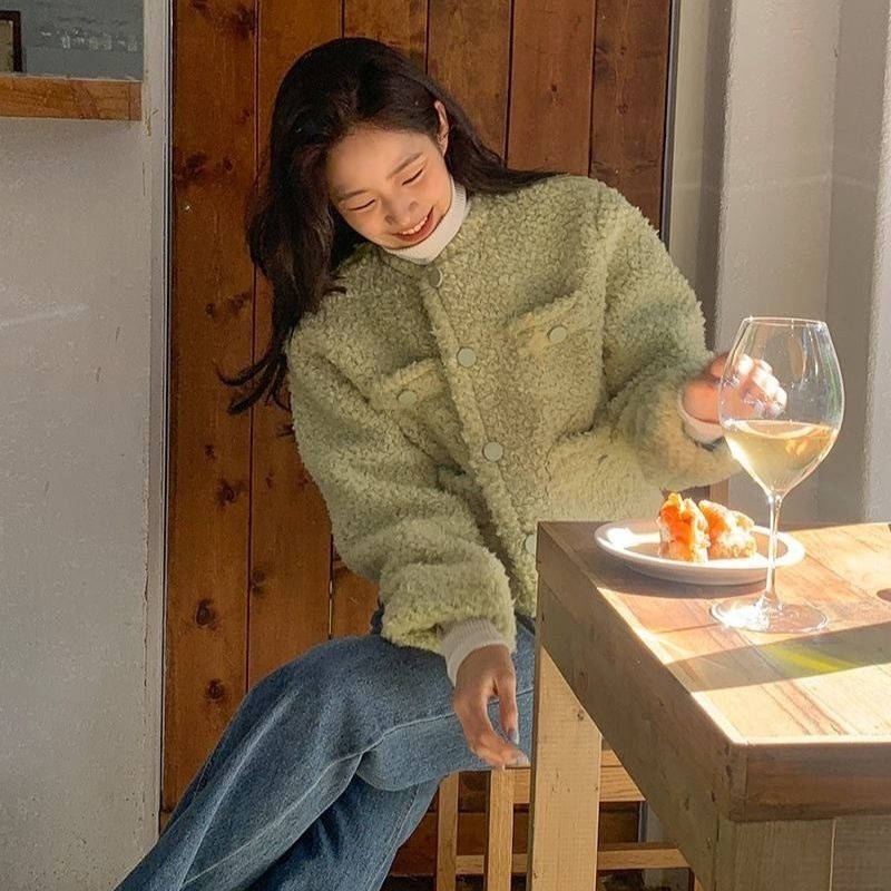 Áo khoác Cardigan vải lông cừu dáng rộng ấm áp thời trang cho nữ