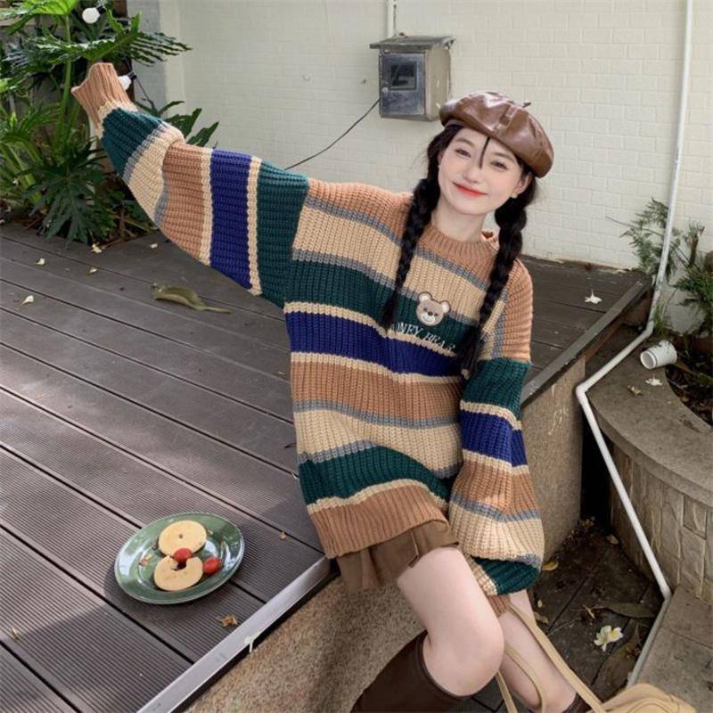 Áo Sweater Dệt Kim Cổ Tròn Họa Tiết Gấu Nâu Dễ Thương Cho Nữ