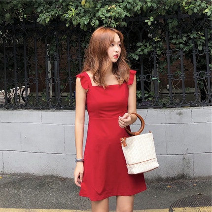 Đầm nữ 2s cánh tiên đỏ cổ vuông váy xòe quyến rũ siêu tôn dáng HIJUNE VD12