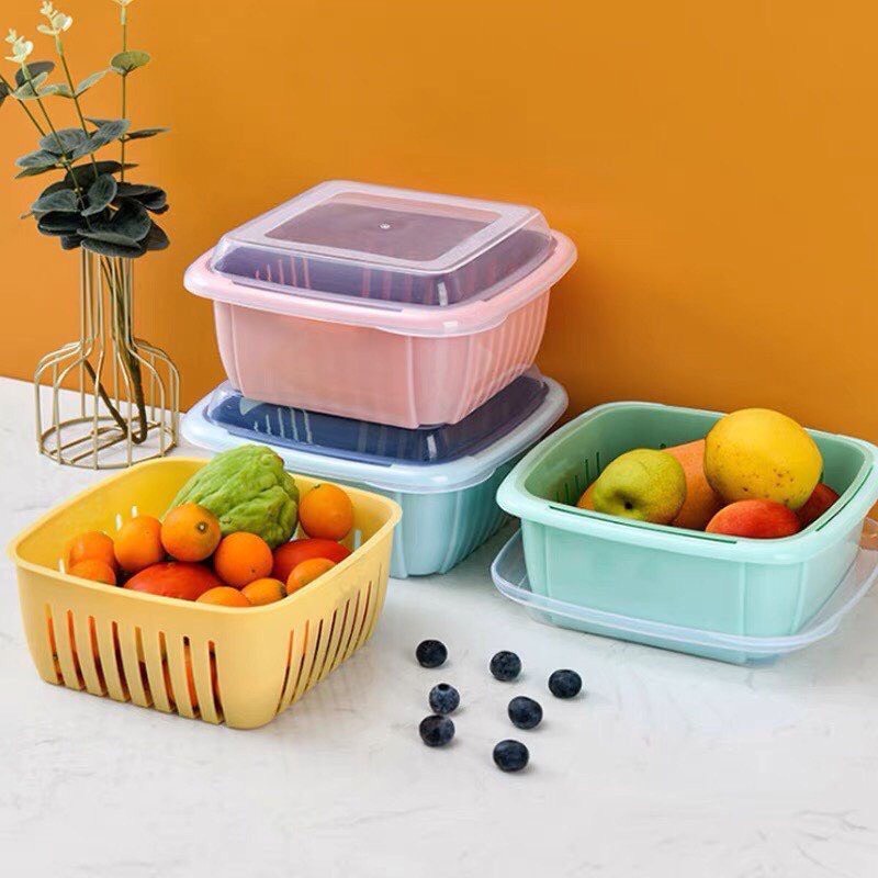 Set Rổ 3 món - Thau Nhựa đựng rau củ quả, thực phẩm Có Nắp Đậy