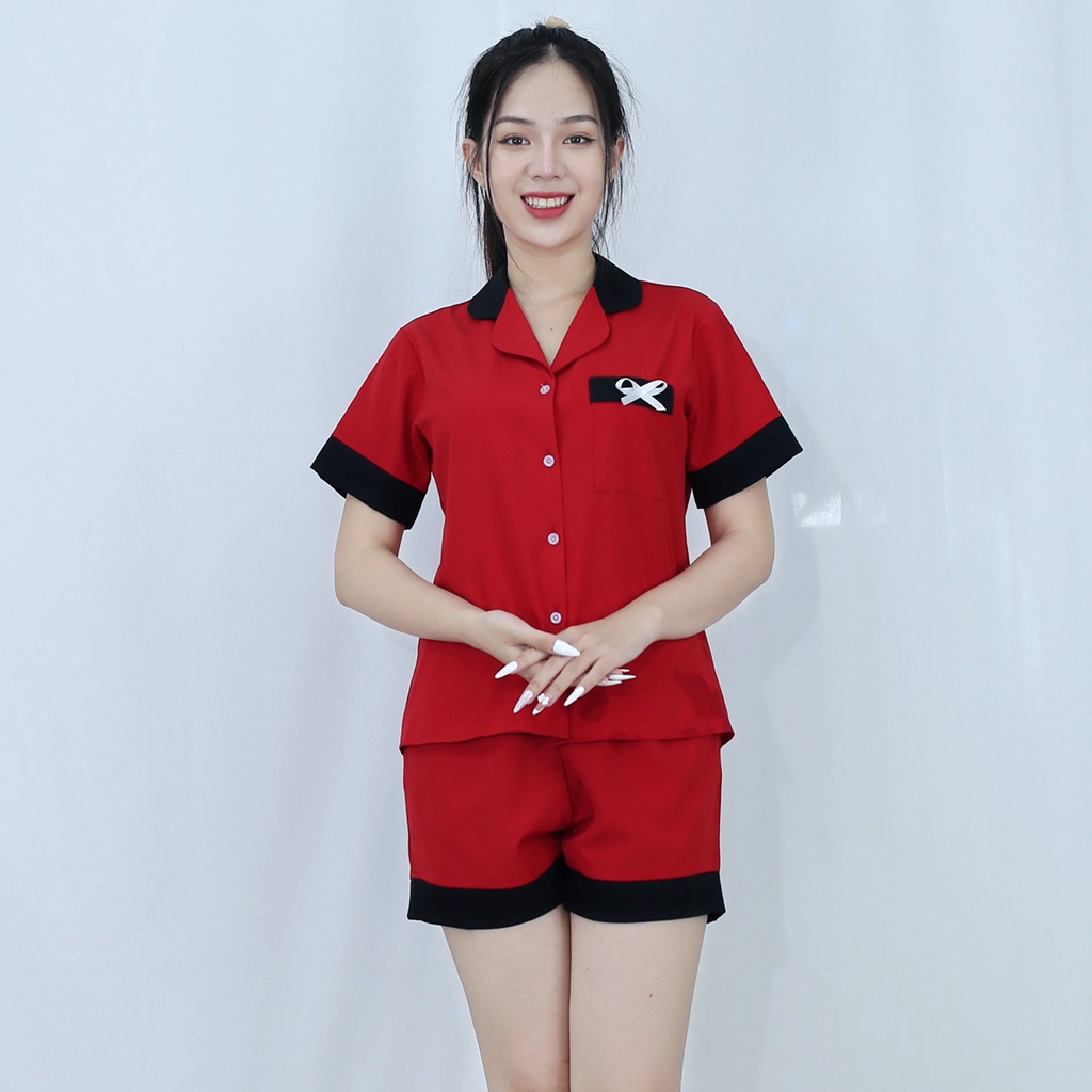 Bộ đồ bộ Pijama NGẮN ĐỎ ĐÔ PHA CỔ ĐEN ĐIỂM NHẤN NƠ TÚI CỰC XINH vải  lụa cao cấp -  Thoải Mái Nhẹ Nhàng