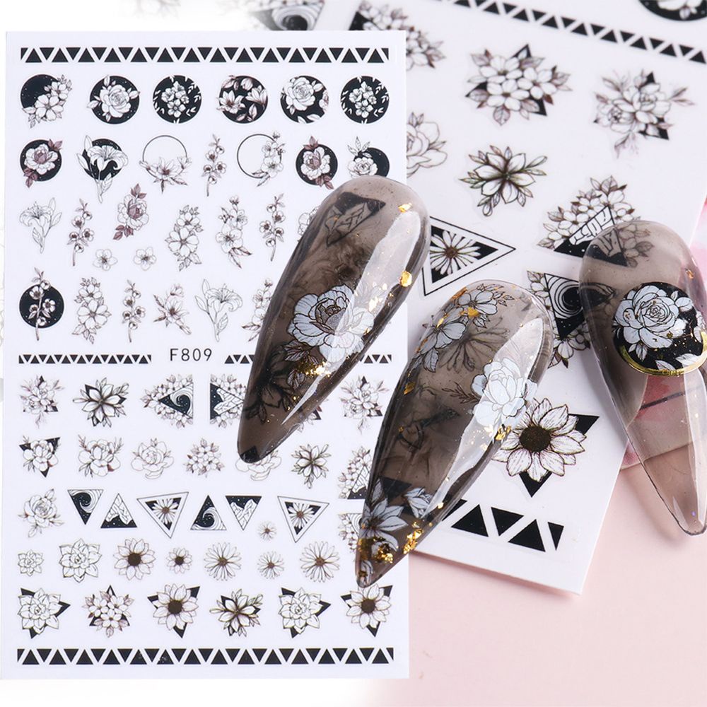 Sticker Rỗng Dán Trang Trí Móng Tay 3D Màu Trắng Đen Họa Tiết Hoa Lá Phong Cách Gothic