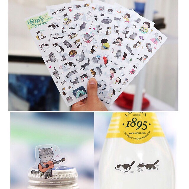 Set 6 Tấm Sticker Mèo Xám Hàn Quốc Siêu Dễ Thương