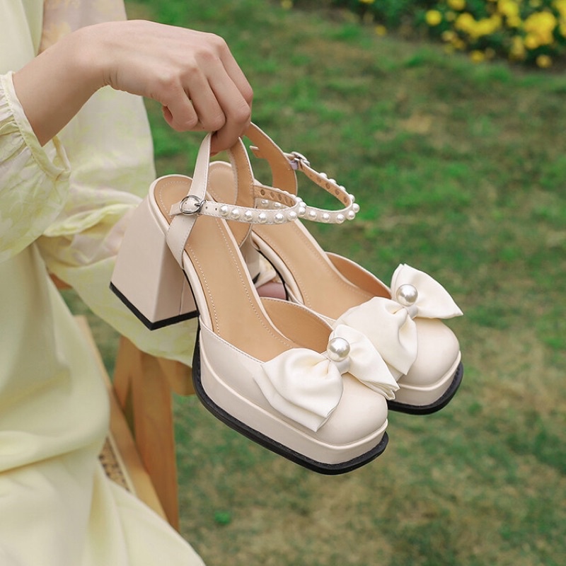 SẴN HÀNG  _ Giày cao gót mũi vuông phối nơ ngọc siêu nữ tính