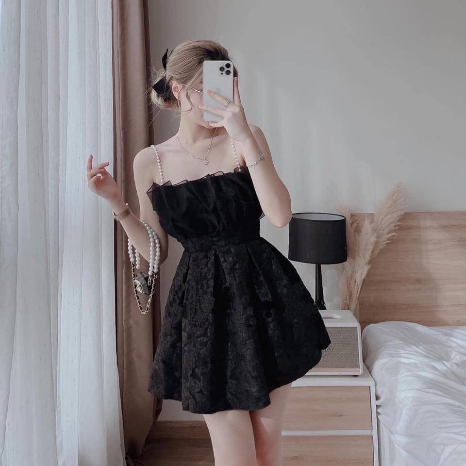Đầm dạo phố chất gấm dáng xòe nhẹ phối voan đáng yêu (DÂY VẢI) - Emma Dress