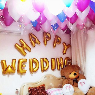 Set chữ HAPPY WEDDING + 50 bóng nhũ tông hồng xanh + ruy băng - foil balloon happy wedding