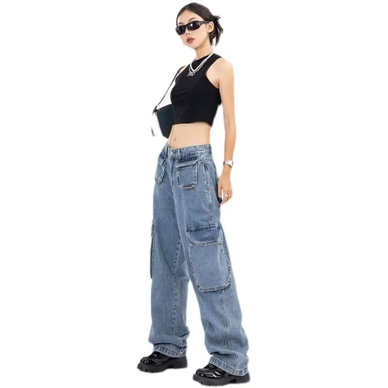 Daduhey Quần jean ống rộng phối nhiều túi phong cách đường phố retro Mỹ thời trang cho nữ