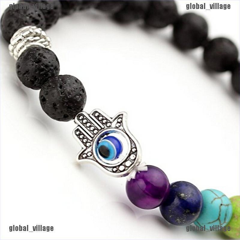 [global] Hamsa Hand Chakra Gemstone Bracelet Lava Stone Crystal Reiki Healing Balancing [village]