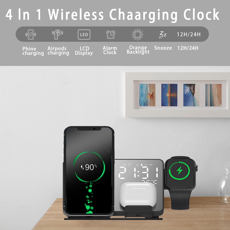 Bộ sạc nhanh không dây 4 trong 1 15W thích hợp cho IWatch iPhone 13/ 12/ 11 Pro/ Max/ Samsung Galaxy S10/ S10+