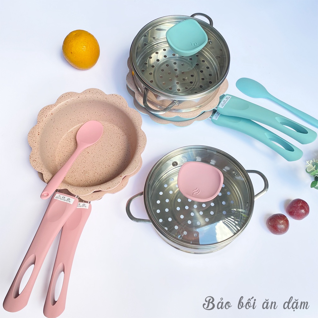 Bộ 3 nồi chảo men đá chống dính nấu ăn dặm cho bé (bộ gồm nồi, chảo, xửng hấp, nắp), size 16cm