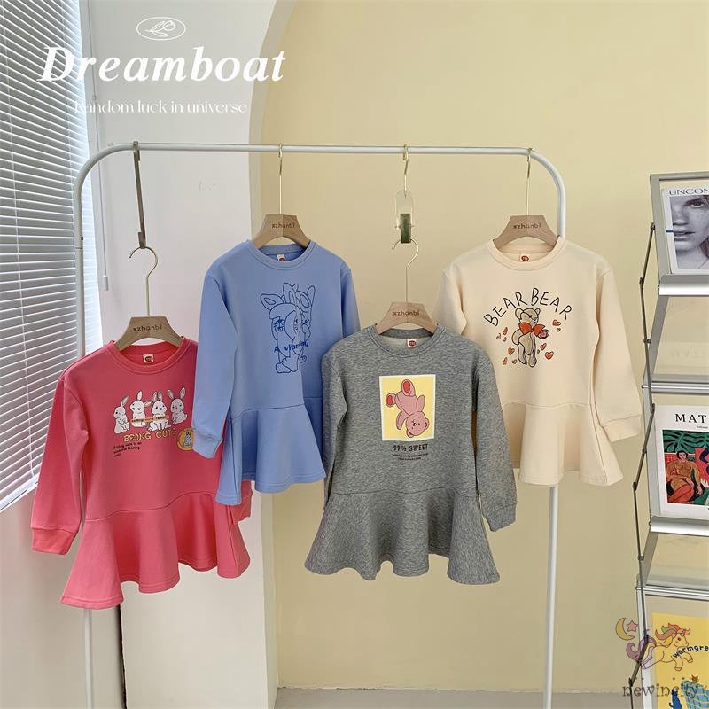 Đầm tay dài in họa tiết hoạt hình dễ thương phong cách Hàn Quốc cho bé gái