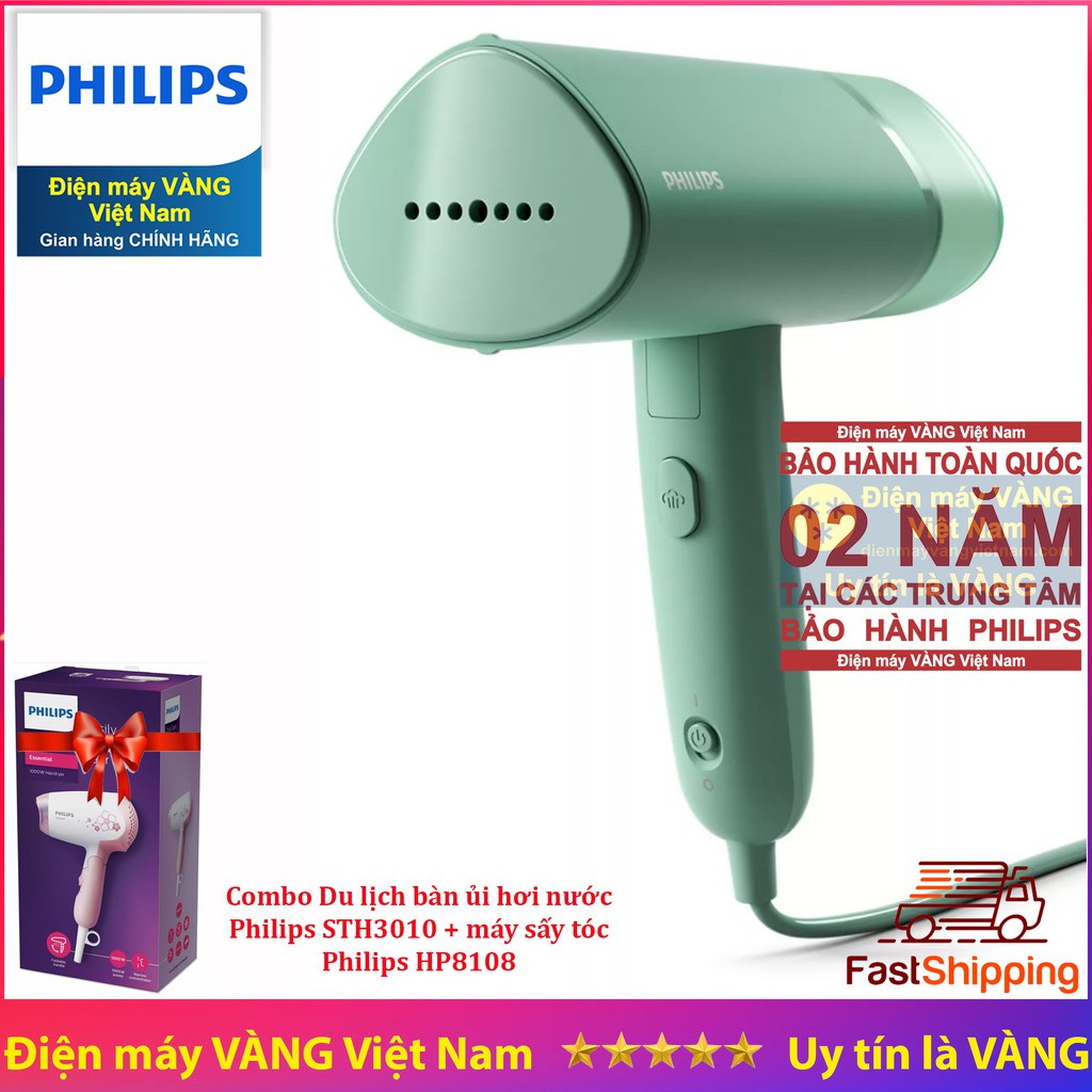 Combo du lịch Bàn ủi hơi nước cầm tay Philips STH3010 và máy sấy tóc Philips HP8108