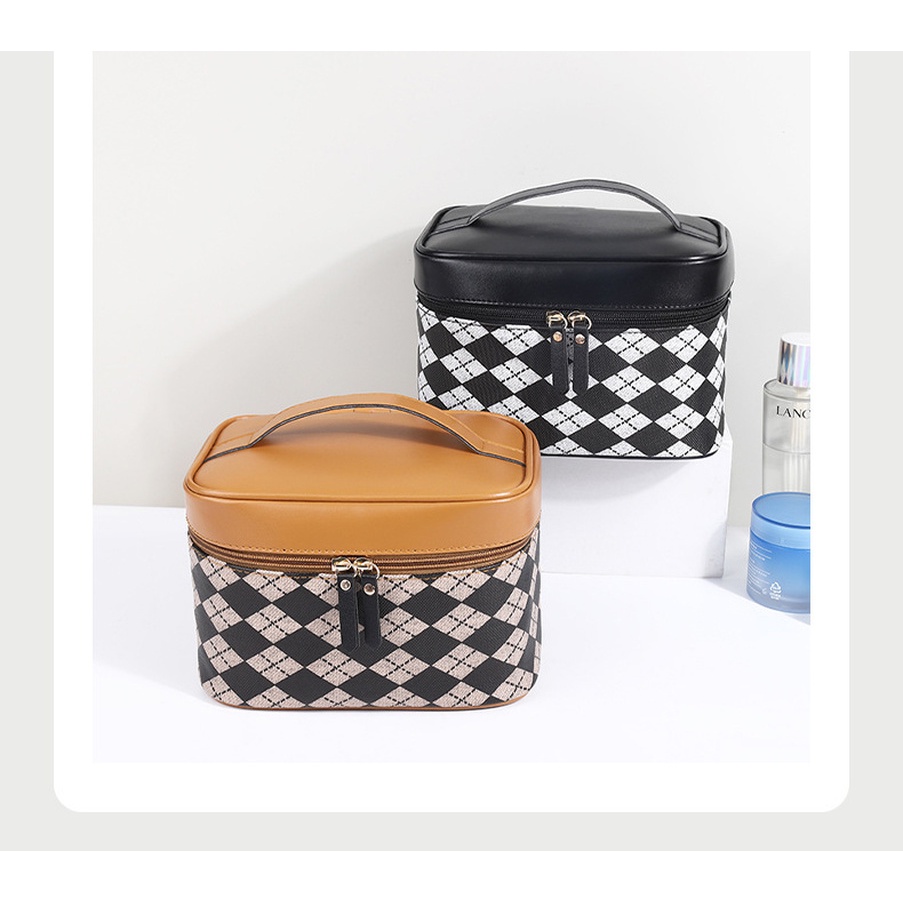 Túi Đựng Mỹ Phẩm Cầm Tay Họa Tiết houndstooth Màu Trắng Đen Đơn Giản Chống Thấm Nước Dùng Khi Đi Du Lịch
