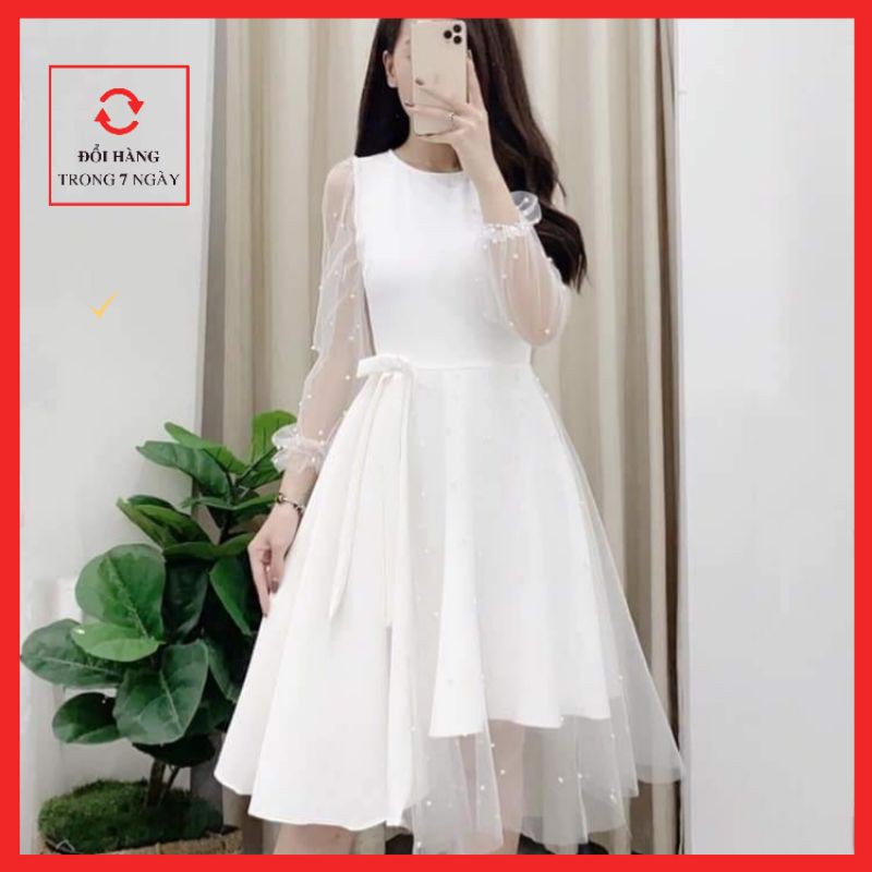 Váy trắng nữ dự tiệc tay dài dáng xòe Jina đi tiệc đi chơi đi cưới | BigBuy360 - bigbuy360.vn