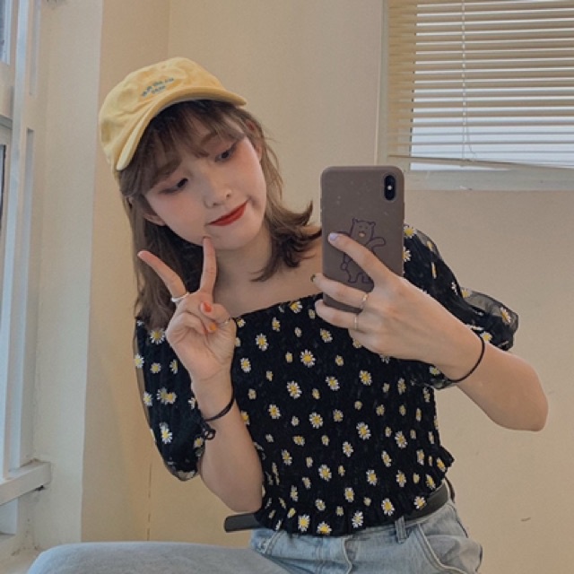 ÁO CROPTOP NỮ NHÚN IN HOA CÚC TAY NGẮN  By steven.factory