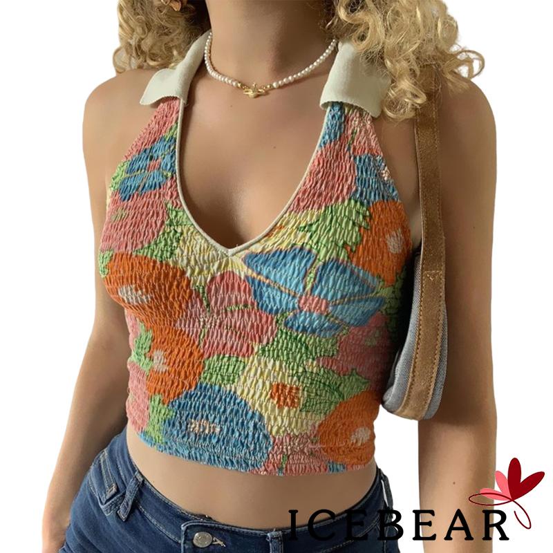 Áo Lửng Không Tay Cổ Chữ V In Họa Tiết Thời Trang Cho Nữ