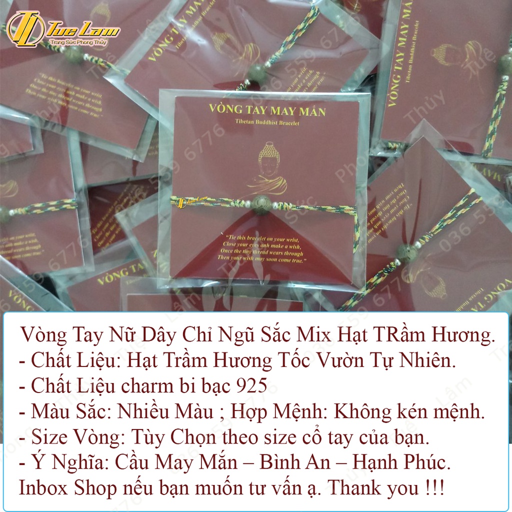 Vòng tay chỉ ngũ sắc may mắn bện handmade hạt trầm hương bi bạc trắng bình an - Tuệ Lâm