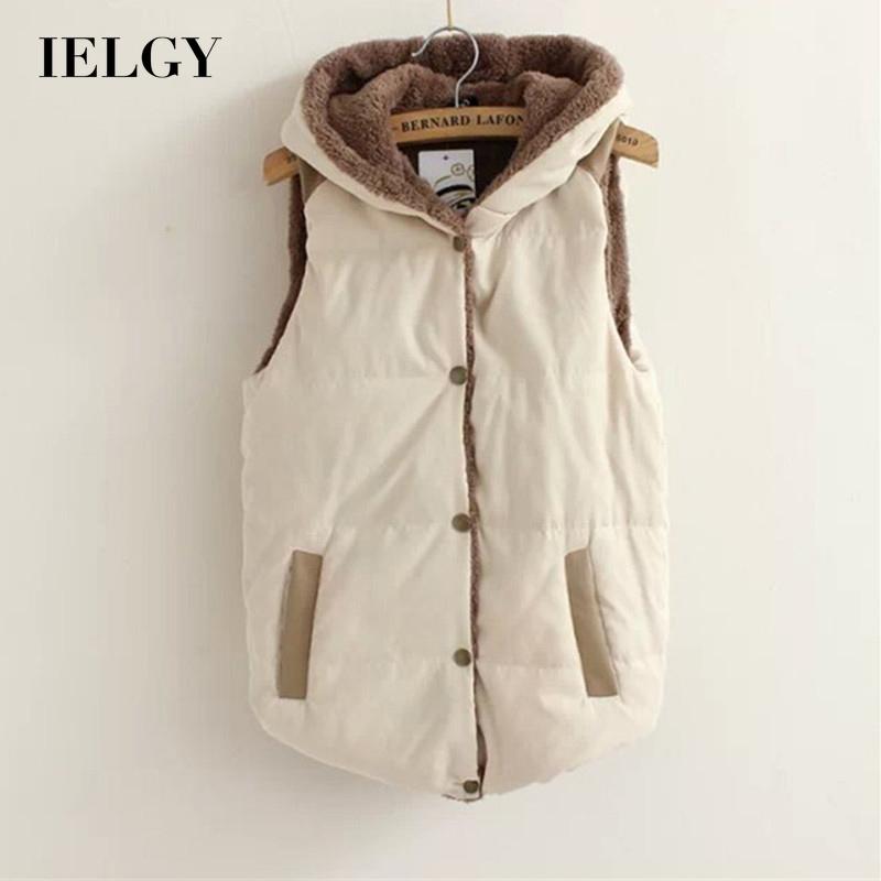 Áo khoác nhung cotton IELGY không tay có mũ trùm thời trang mùa đông Hàn Quốc dành cho nữ