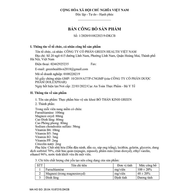 Bổ thần kinh Green Health cải thiện suy nhược thần kinh, giảm mệt mỏi, đau dây thần kinh ngoại biên, tê bì chân tay