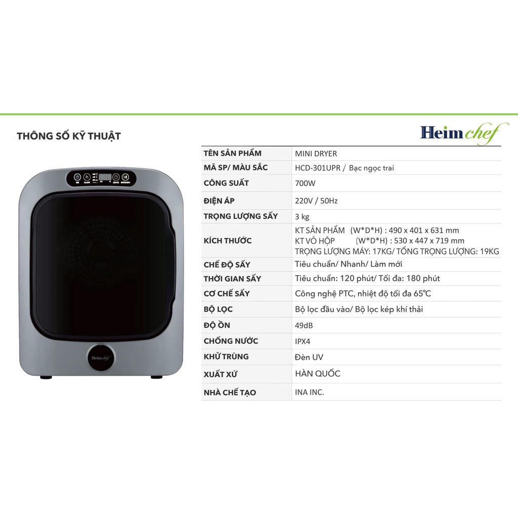 Máy sấy quần áo mini Heim Chef HCD-301UPR [hàng nội địa Hàn]