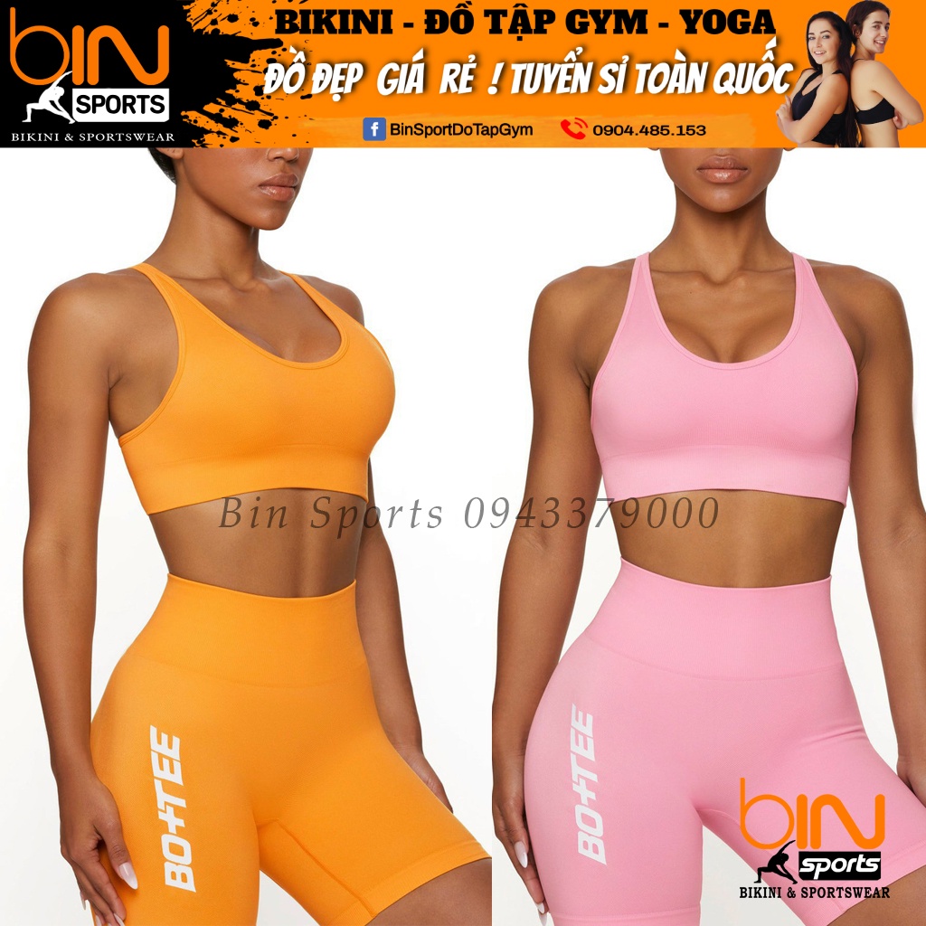 Bộ đồ tập gym yoga thể thao nữ, set quần đùi chun mông, áo bra kèm mút dệt kim quảng châu cao cấp Bin Sports BN078
