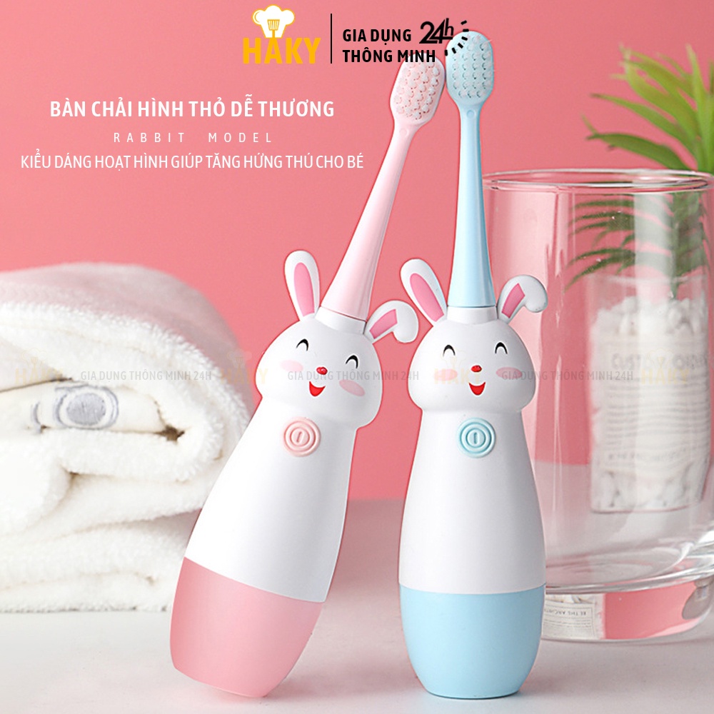 Bàn chải điện tự động đánh răng cho bé trai bé gái từ 2 tuổi hình thỏ cute HAKY021, nhựa ABS cao cấp tặng kèm 2 đầu thay