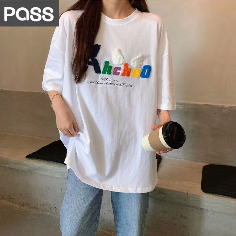 Áo Thun Cotton Mùa Hè Thêu Hình Đôi Cánh Thiên Thần Phong Cách Mới Cho Nữ