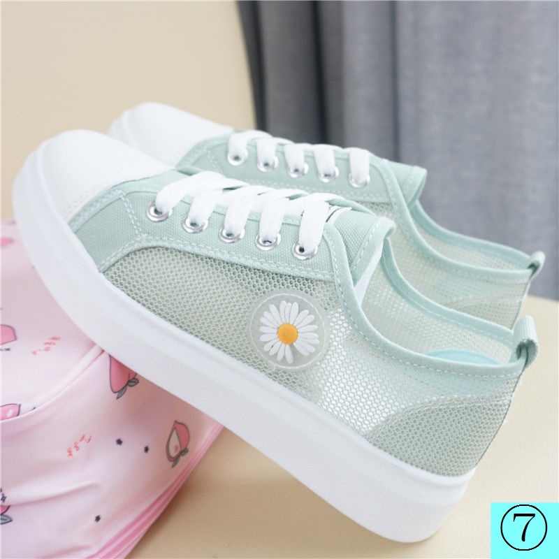 Giày Thể Thao Vải Canvas Phối Lưới Họa Tiết Hoa Cúc Nhỏ Kiểu Hàn Quốc Thời Trang Xuân Hè 2021 Cho Học Sinh