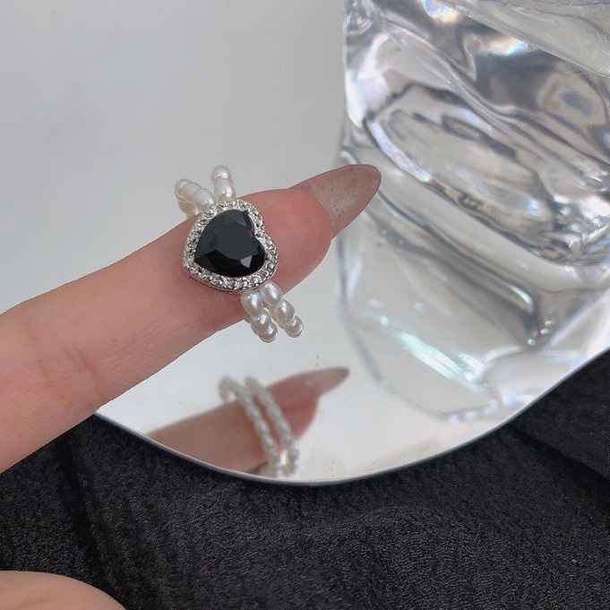 Nhẫn Hai Lớp Đính Ngọc Trai Màu Đen Hình Quả Đào Dễ Điều Chỉnh Cho Nữ