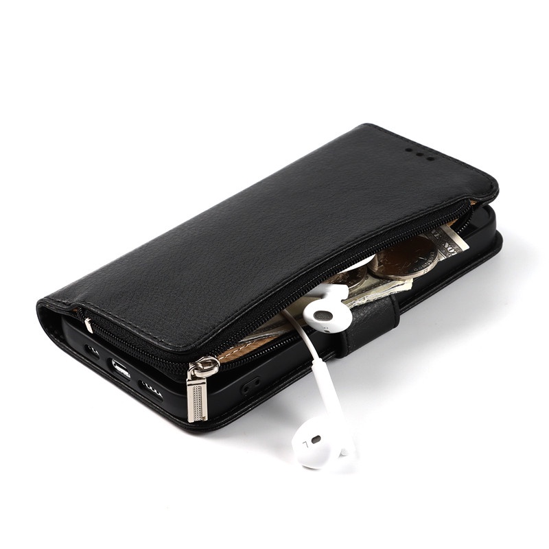Ốp Điện Thoại Da Pu Màu Trơn Kèm Ngăn Đựng Thẻ Có Khóa Kéo Cho Iphone 13 Mini 12 11 Pro Max