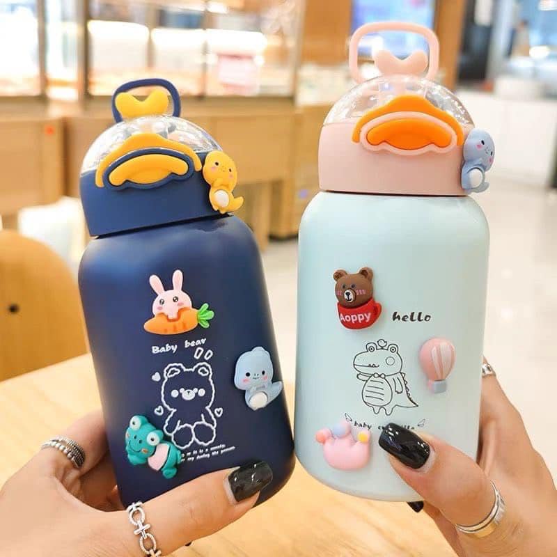 Bình nước giữ nhiệt cute cho bé lõi inox có ống hút dung tích 420ml hình ngô nghĩnh MiibooShi D2.075.VA