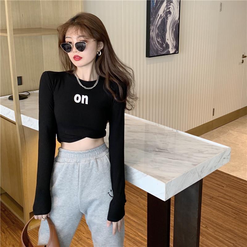 Áo Thun Lửng Tay Dài Dáng Ôm Thêu Chữ Thời Trang Xuân Thu 2021 Phong Cách Mới