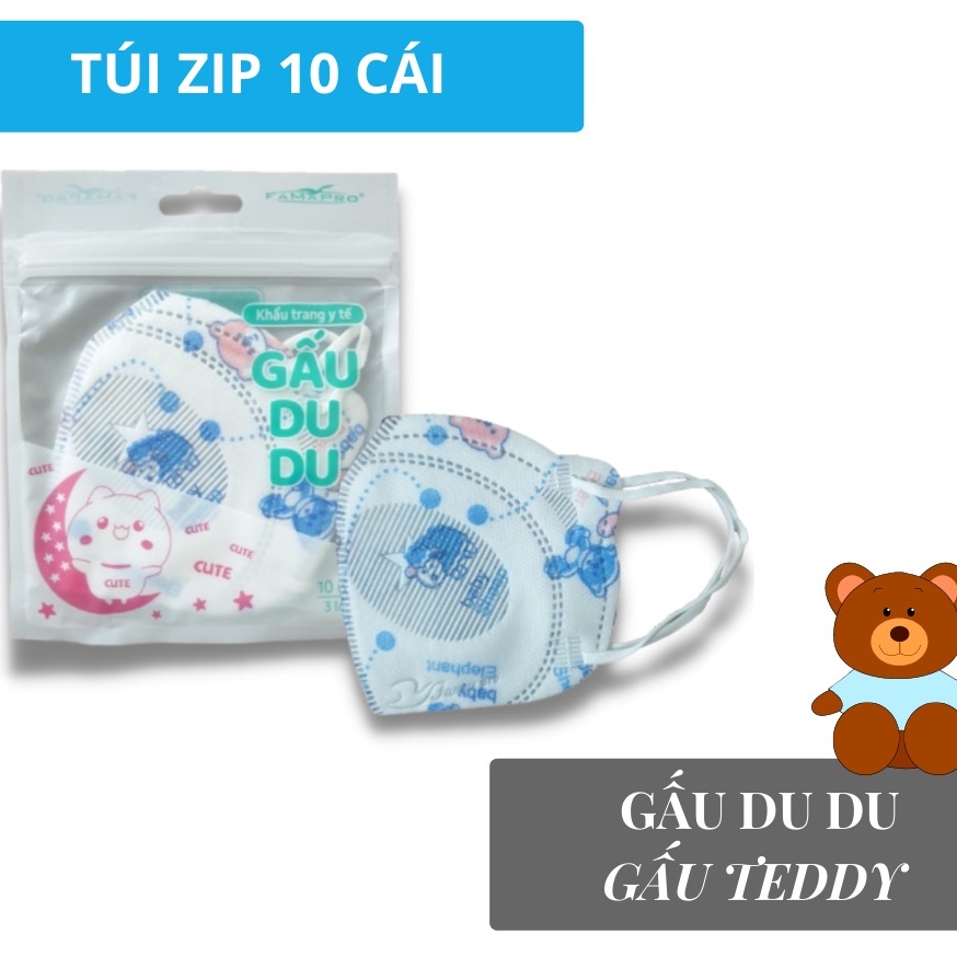 Khẩu trang cho bé FAMAPRO BABY GẤU DU DU kháng khuẩn cao cấp (Hộp 10 cái)