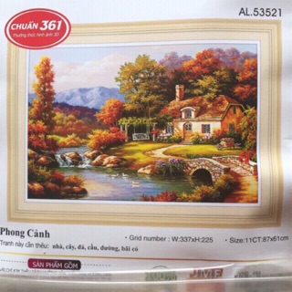 Tranh thêu chữ thập phong cảnh, ngôi nhà 3D Ailuo AL53521 (chưa thêu)