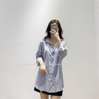 Áo sơ mi kẻ sọc xanh nhỏ, chất thô đứng form- Miho house