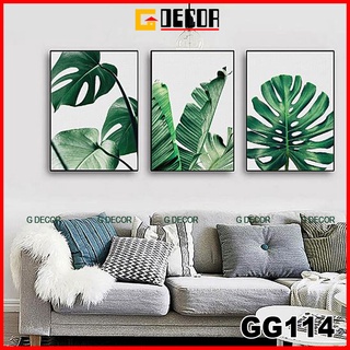 Tranh treo tường canvas khung gỗ 3 bức phong cách hiện đại Bắc Âu tranh lá cây trang trí phòng khách phòng ngủ spa 114