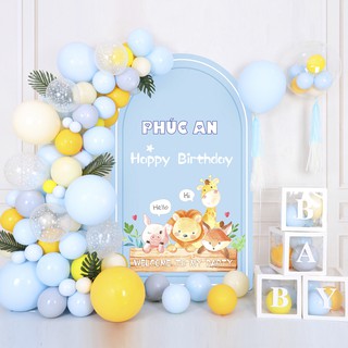 Set bóng sinh nhật kèm phông bạt in tên tuổi bé trang trí sinh nhật tone xanh dễ thương cho bé