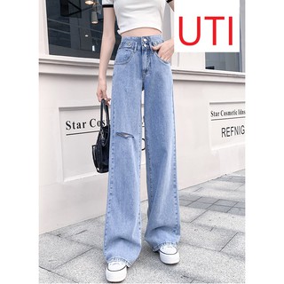 QUẦN JEAN ỐNG RỘNG NỮ LƯNG CAO 2 NÚT 2 ĐAI RÁCH GỐI PHẢI XANH NHẠT CAO CẤP UTI ĐỦ SIZE S, M, L LAI CUỐN, THỜI TRANG
