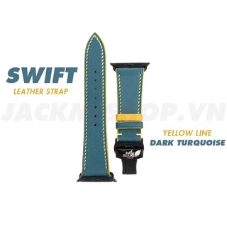 [DÂY DA THẬT]DÂY DA BÊ SWIFT MAY TAY THỦ CÔNG MÀU XANH CỔ VỊT CHỈ VÀNG KHÓA BƯỚM CHO IWATCH  SERIES 1=>6(BẢO HÀNH 1 NĂM)