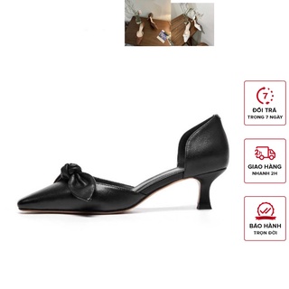 Giày Cao Gót Detaunisex Mũi Vuông Hở Eo Phối Nơ Thời Trang Cao 7 Phân Mã C757001