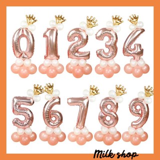 Bong Bóng Số 0-9 Kèm Bóng Tròn Vương Miện Milkshop 75cm màu rose gold (A00)