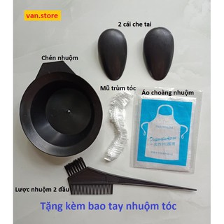 Bộ 6 Phụ Kiện Nhuộm Tóc Chuyên Dụng- Lược Nhuộm, Chén Nhuộm, Che Tai, Mũ Trùm Tóc, Áo Choàng - Tặng Kèm 1 Đôi Bao Tay