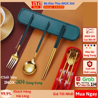 Bộ thìa đũa muỗng dĩa inox 304 mạ vàng cán dài cao cấp sang chảnh Dụng cụ cá nhân ăn cơm văn phòng dã ngoại titiroom