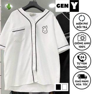 Áo Sơ Mi Nữ Form Rộng Tay Ngắn GenY Áo Kiểu Nữ Ngắn Tay Cổ V Chất Kate Mềm Mịn Với Logo Thỏ Thêu