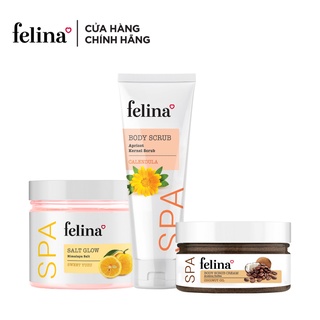 Combo 3 hộp tẩy tế bào chết Felina - Muối hồng Himalaya 500g/hộp, Kem cà phê 220g/hộp, Gel hạt mơ nghiền 300ml/hộp