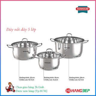 Bộ 3 nồi inox 5 đáy Sunhouse SHG788 - 16cm/20cm/24cm - Sử dụng bếp từ