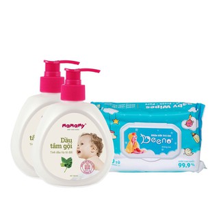 Combo 2 chai dầu tắm gội mamamy 400ml an toàn cho bé tặng kèm 1 gói khăn ướt em bé Beeno 80 tờ không mùi flashsale 1 đ.
